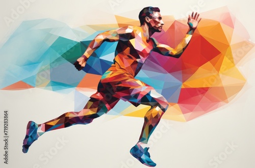 a colored abstract image of a man running, in the style of geometric, iconic imagery © panu101
