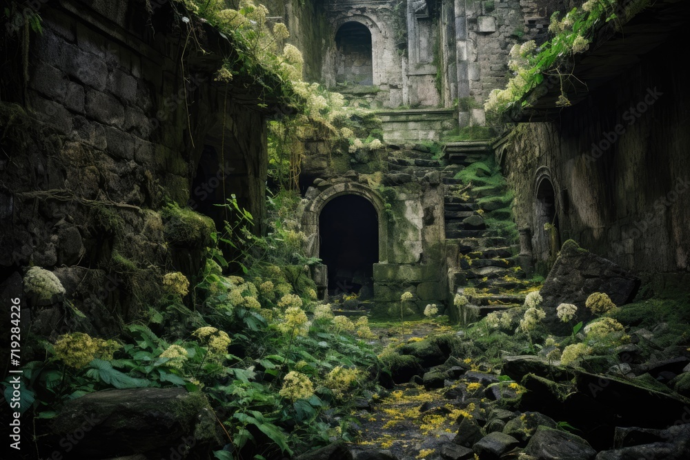 Naklejka premium Discovering Temple Ruins in the Woods