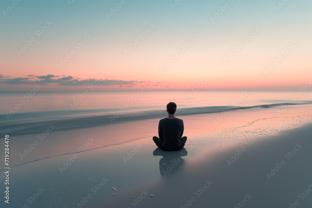 individual meditating at sunrise on a pristine beach, calm sea, pastel sky with first light of dawn, minimalist aesthetic individual meditating at sunrise on a pristine beach, calm sea, pastel sky with first light of dawn, minimalist aesthetic