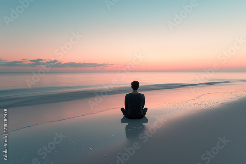 individual meditating at sunrise on a pristine beach, calm sea, pastel sky with first light of dawn, minimalist aesthetic © augenperspektive
