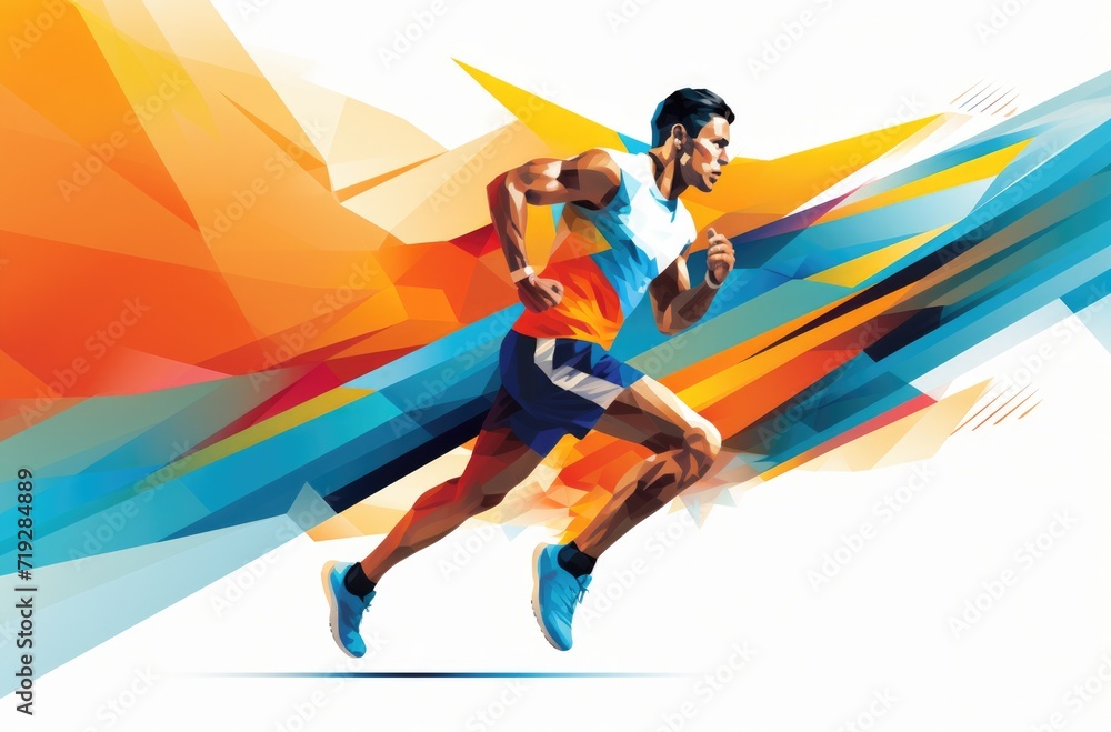 a man, a runner, runs across a colorful background, in the style of dynamic geometric, innovating techniques