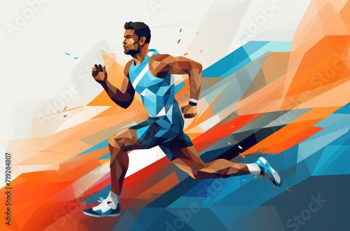a man, a runner, runs across a colorful background, in the style of dynamic geometric, innovating techniques © panu101