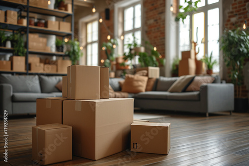 living room with a lot of boxes, moving out © augenperspektive