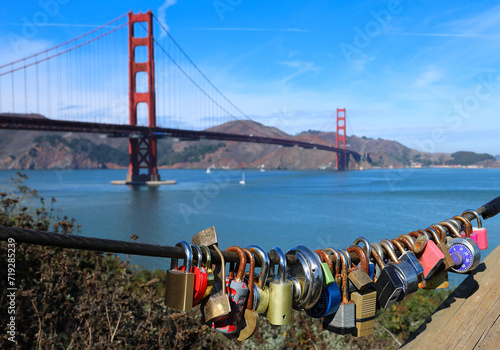 Photography Love locks suspended near the Golden Gate Bridge.