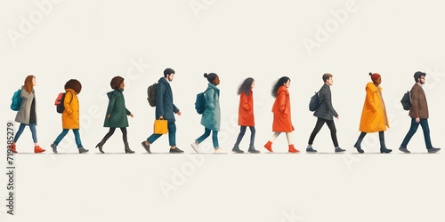Young people walking on white background.