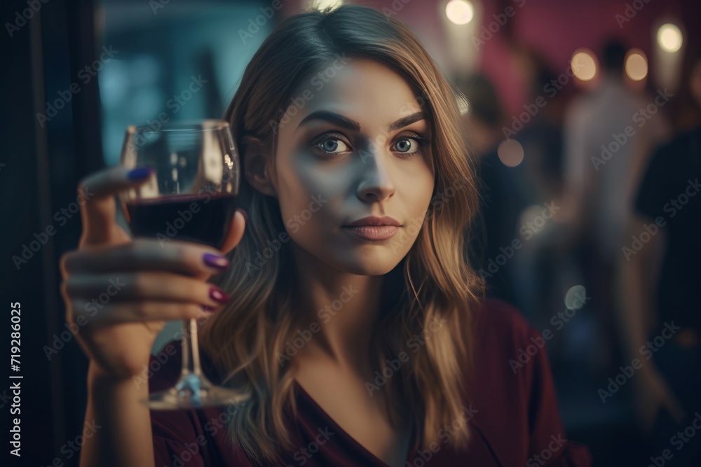 Girl at party cheers with red wine glass. Elegant lady celebration nighttime event. Generate ai