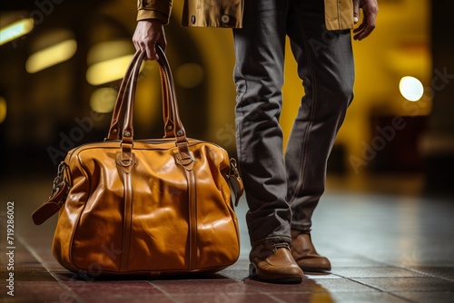 Man with a carry-on bag walking towards a train or plane for departing on an exciting journey photo