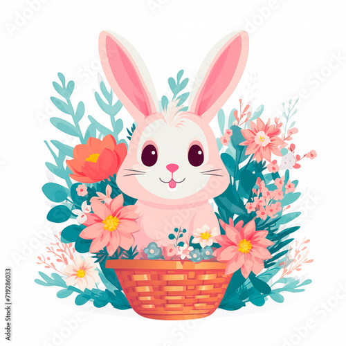 Easter bunny in basket with flowers on a white background. The illustration perfect for designing cards posters congratulations, for prints on pillows mugs t - shirts