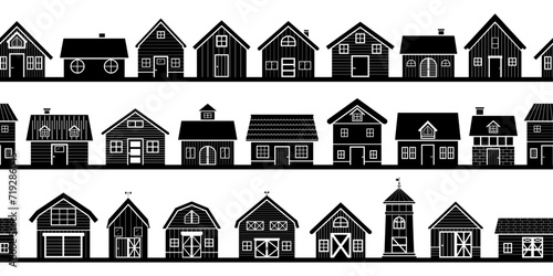 Cityscape silhouette with simple shops, barn farm and houses border seamless