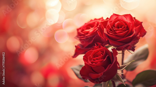 A close-up of vivid red roses with a warm bokeh background.