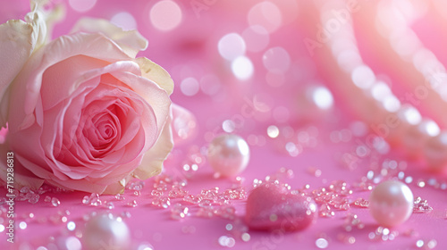 Pastel pink rose with pearls on a bokeh background  for wedding card  or valentine s day projects.