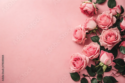 Top view of pink roses and green leaves on pink background with copy space © UN