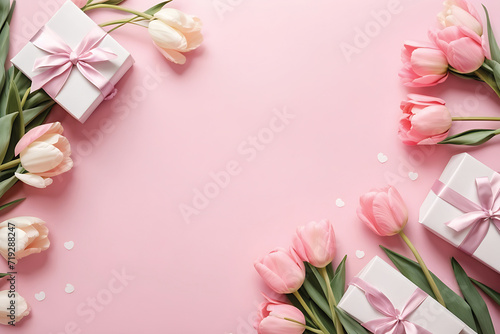 Beautiful pink tulips and gift boxes on pink background, top view © UN