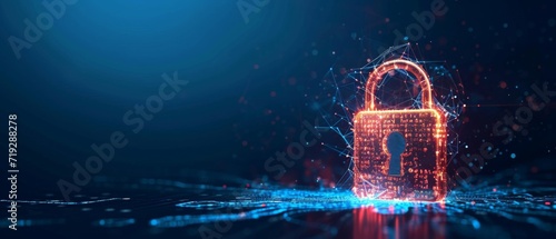 A Digital Padlock Symbolizing Cyber Security And Data Protection On Blue Background. Сoncept Symbolic Digital Padlock, Cyber Security, Data Protection, Blue Background