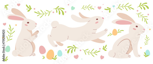 Easter cute bunny with painted eggs set. Adorable Easter rabbit with traditional festive decor.