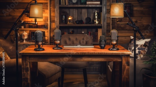 Classic podcast studio office room in wooden building house traditional.
