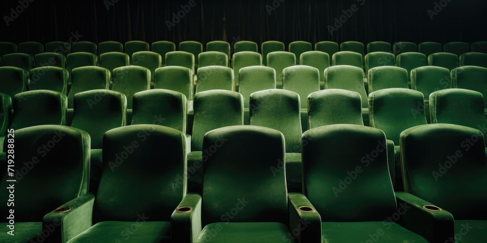 Obraz premium Row of Vintage Green Theatre Seat in an Empty Venue. Retro Green Chairs of Cinema in Row. Front View. Generative AI