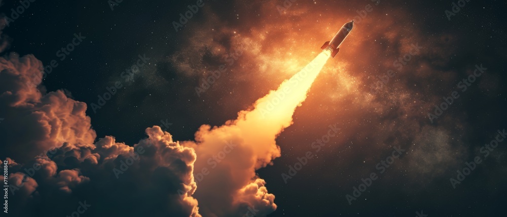 Embarking On A Mission, A Rocket Soars Into The Boundless Night Sky. Сoncept Star-Gazing, Space Exploration, Astronomical Discoveries, Black Holes, Alien Life