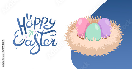 Easter web banner with hand drawn lettering. Fluffy birds nest with colored eggs for Easter. Simple Horizontal greeting banner. Festive background for invitations. Vector flat illustration.