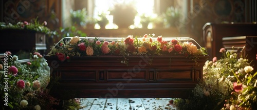 A Somber Funeral, Flowers Adorn The Casket A Solemn Farewell In Sacred Setting. Сoncept Classic Black And White, Emotional Moments, Comforting Support, Farewell Tributes photo