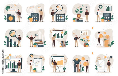 Big set of financial vector illustrations. People in different financial situations: taxation, financial growth, stock market, financial planning, financial literacy and others. Finance concept.