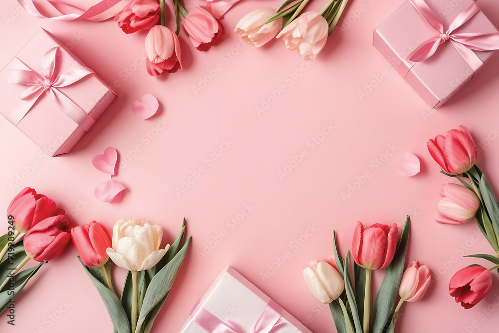 Beautiful pink tulips and gift boxes on pink background, top view