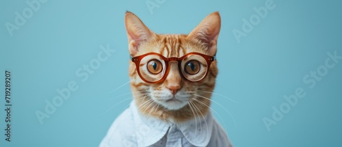 A Stylish Cat Donning Spectacles And A White Shirt On Plain Backdrop. Сoncept Fashionable Feline, Hipster Cat, Sophisticated Kitty, Chic Cat Style, Glasses And White Shirt Ensemble