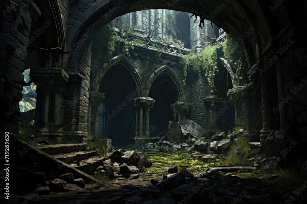 The ruins of an ancient temple in a mysterious forest and overgrown with shrubs