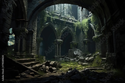 The ruins of an ancient temple in a mysterious forest and overgrown with shrubs