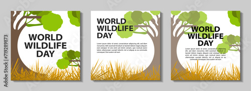 World Wildlife Day concept with the forest. Modern flat vector illustration. Web banner template and post design. animal, Social media post, earth, eco, elephant, animal day, fauna, giraffe, global,