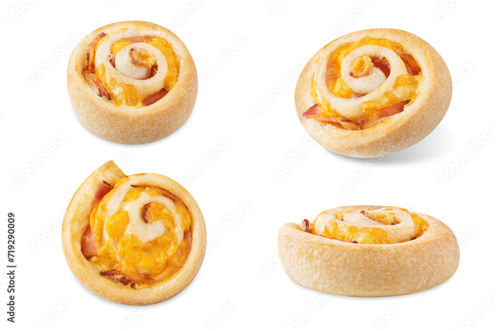 Bacon Cheddar cheese roll cake pinwheel on a white isolated background