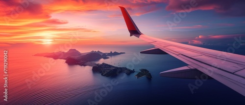 Airplane Wing Soaring Above Vibrant Oceanic Islands During A Summer Sunset. Сoncept Minimalist Home Decor, Diy Crafts, Healthy Smoothie Recipes, Gardening Tips, Workout Routine photo