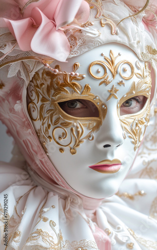Portrait of a woman with white and gold victorian style carnival mask