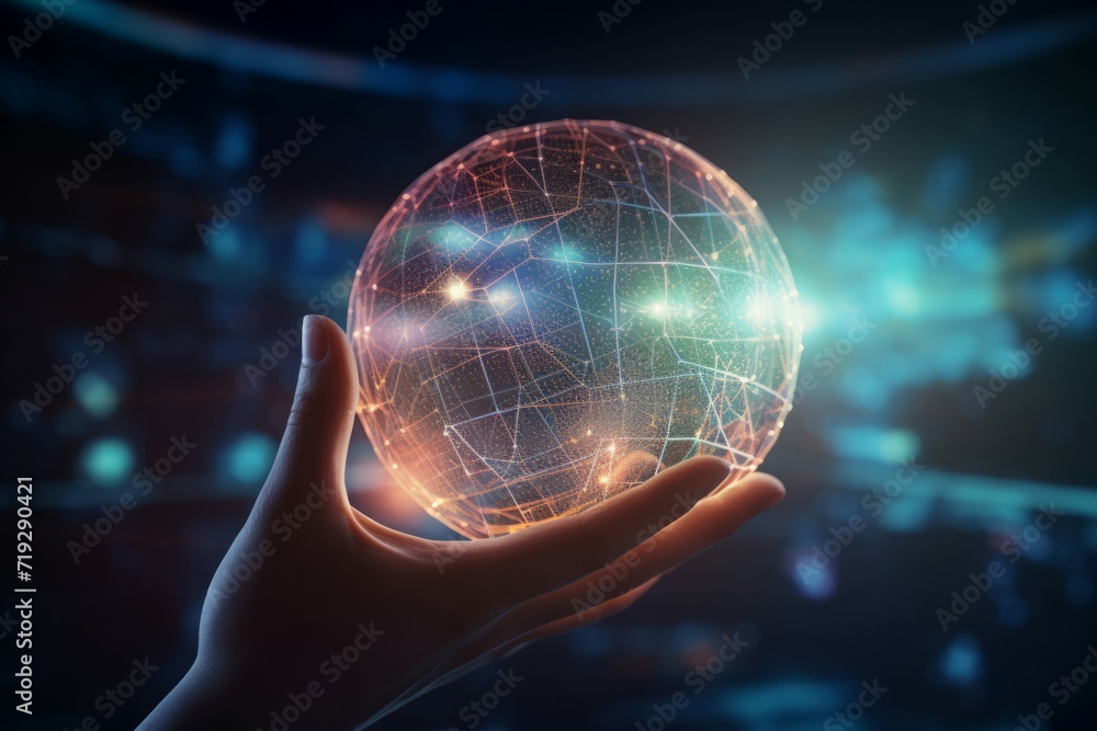 Hand holding futuristic globe visualization. Virtual worldwide cyber global network. Generate ai