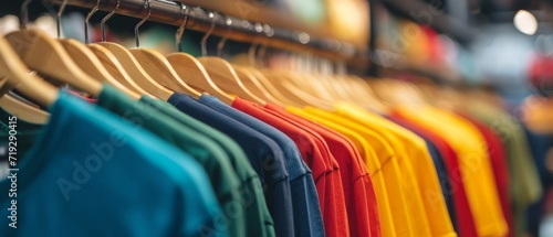 Assorted Colorful Tshirts Elegantly Suspended On A Hanger Against Blurred Store Backdrop. Сoncept Fashionable Spring Outfits, Vibrant Store Displays, Stylish Wardrobe Inspiration