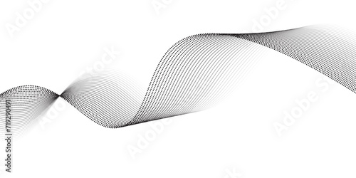 Flowing dots particles wave pattern 3D curve halftone black gradient curve shape isolated on white background. Vector in concept of technology, science, music, modern lines swirl dots