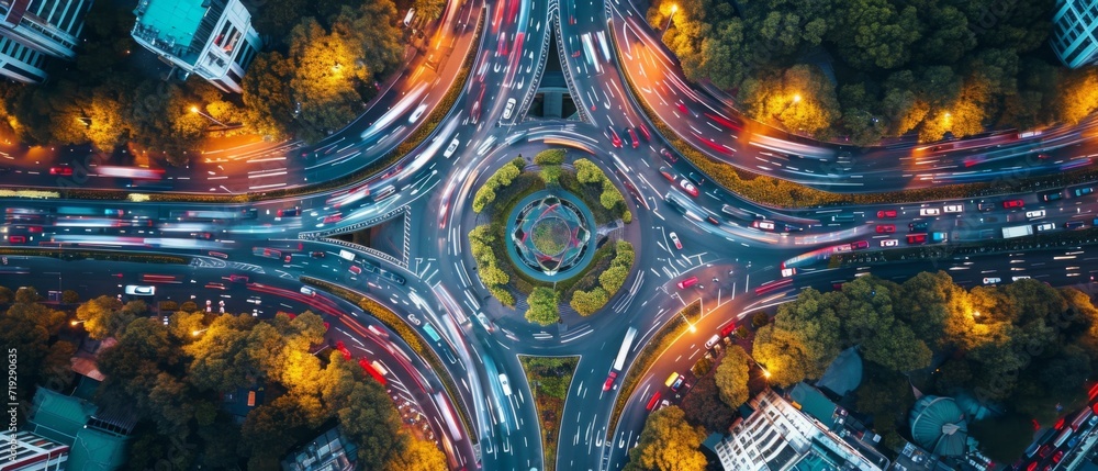 Birds Eye View Of Busy Highways And Roundabouts Showcasing Bustling Car Traffic. Сoncept Cityscape Aerial Photography, Busy Highway Traffic, Roundabout Intersection, Urban Hustle And Bustle - obrazy, fototapety, plakaty 