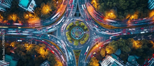 Birds Eye View Of Busy Highways And Roundabouts Showcasing Bustling Car Traffic. Сoncept Cityscape Aerial Photography, Busy Highway Traffic, Roundabout Intersection, Urban Hustle And Bustle photo