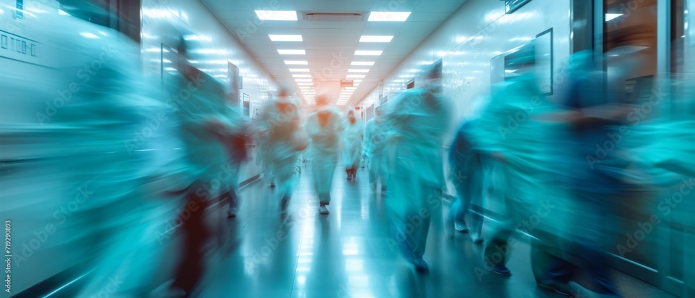 Blurred Photo Of Healthcare Professionals And Patients In Hospital, Representing Medical Advancements. Сoncept Modern Healthcare, Teamwork In Medicine, Cutting-Edge Technology, Patient-Centered Care