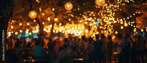 Blurred Image Capturing The Ambiance Of An Outdoor Party With Silhouetted Figures And Warm Lamp Garlands. Сoncept Nighttime Festive Atmosphere, Silhouette Party, Warm Lamp Garland