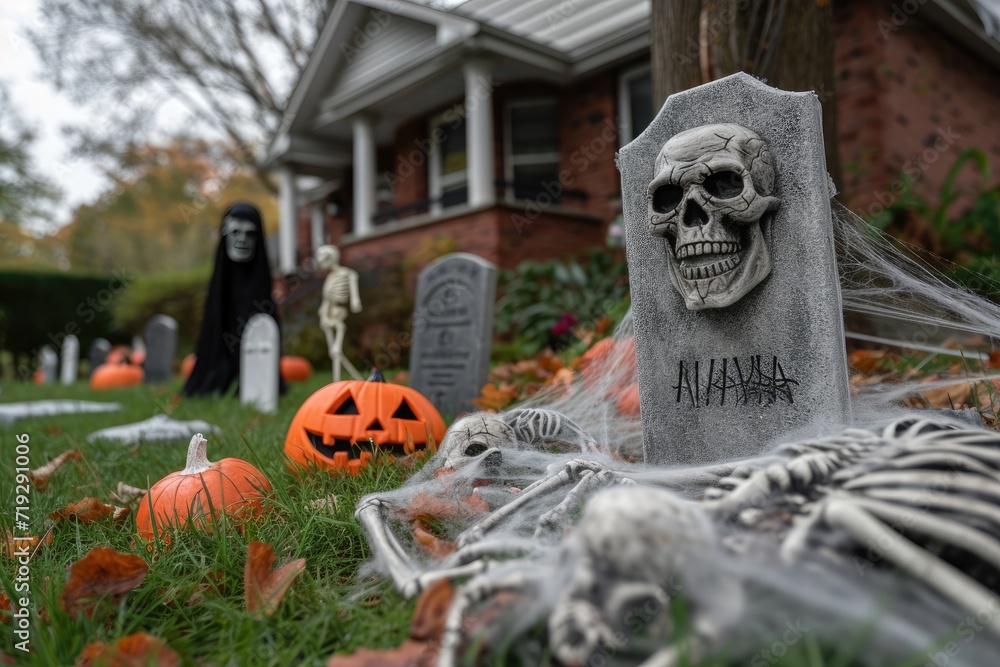 A Halloween themed front yard with cobwebs, skeletons, and tombstones A Halloween themed front yard with cobwebs, skeletons, and tombstones