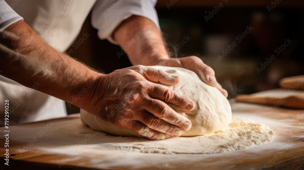 A chef is kneading cake dough on a homemade kitchen wooden table.
