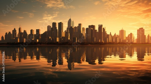 View of the city with skyscrapers, seen from any river, with reflections in the river water.