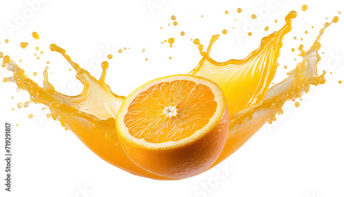 Splash of orange juice with slice of orange - isolated