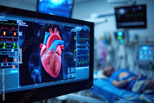 Cardiologist examine a patient heart following heart attack using magnetic resonance imaging MRI 3D scan in an intensive care unit Generative AI photo