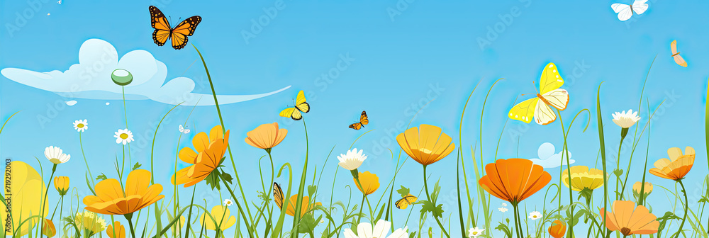 Banner illustration of  field of tall grass and wildflowers with butterflies flying in blue sky.