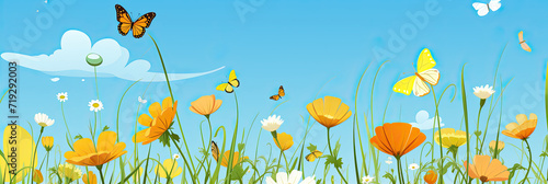 Banner illustration of field of tall grass and wildflowers with butterflies flying in blue sky.