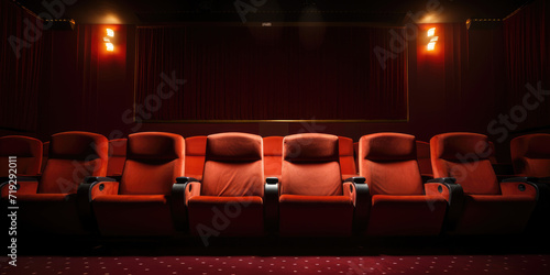 Cinema Red Empty Chairs. Velvet Theater Seats in Row. Concept of entertainment. Front View. Generative AI