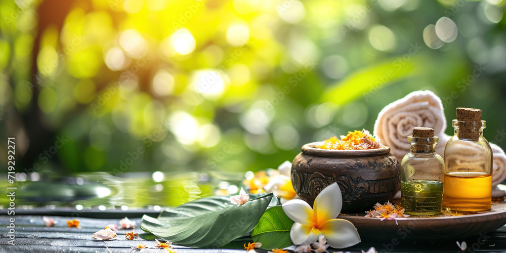 Fototapeta premium Relax with natural aromatherapy treatment ayurvedic spa in a room for luxury or wellness surrounded by nature. Health and ayurveda massage, skincare, spa or relaxation concept.