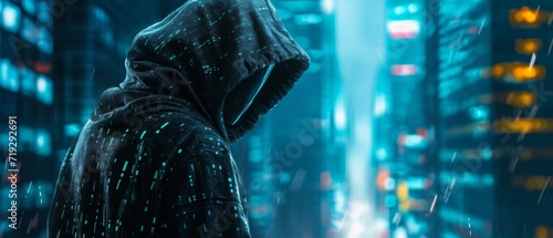 Cybercriminal In Disguise Amidst A Digitally Enhanced Backdrop, Hacking In Secrecy. Сoncept Cybersecurity Threats, Digital Espionage, Hacking Techniques, Hidden Identities, Virtual Intrusions photo